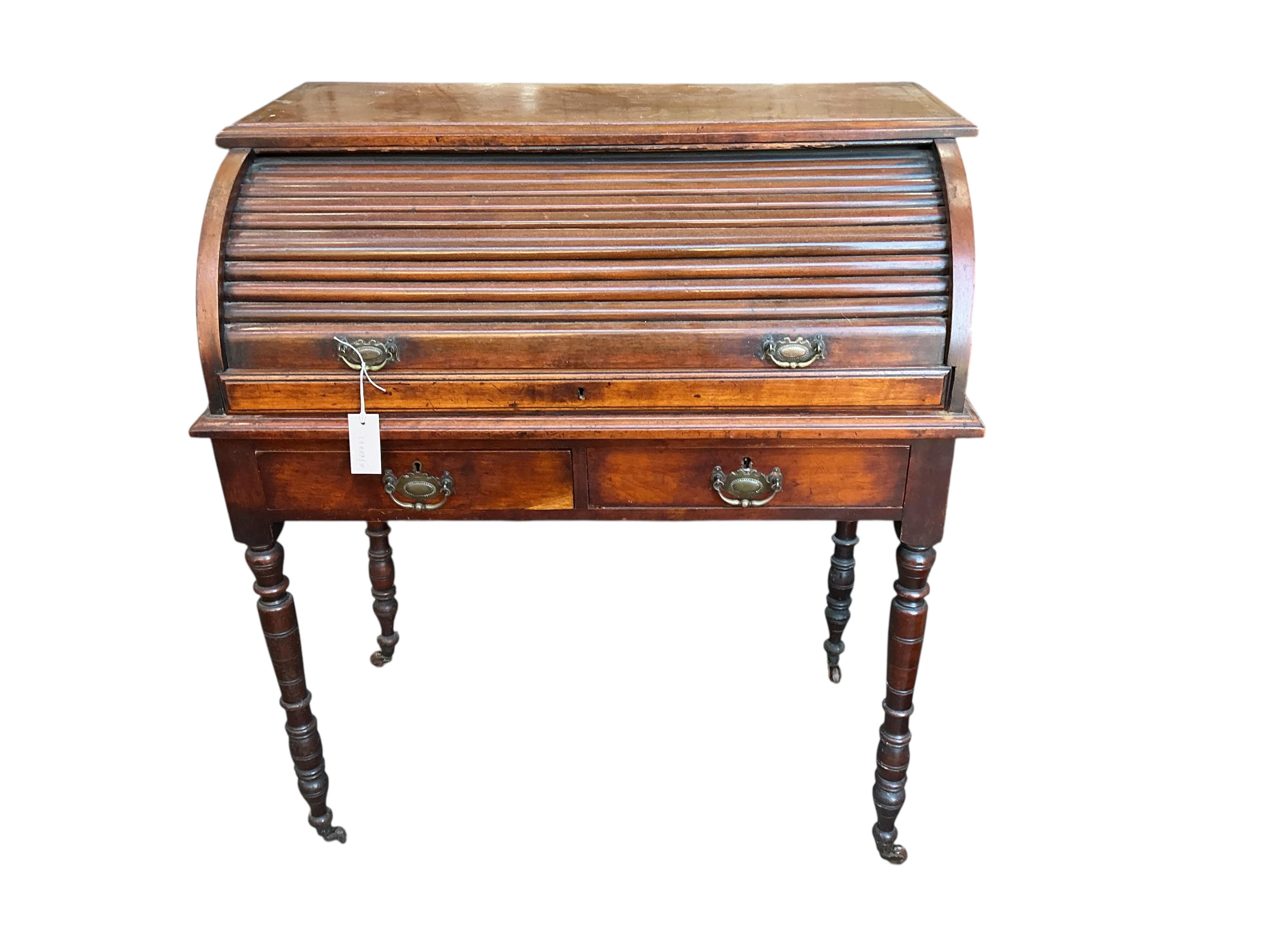 A late Victorian mahogany cylinder bureau, lacking superstructure, width 91cm, depth 52cm, height 102cm